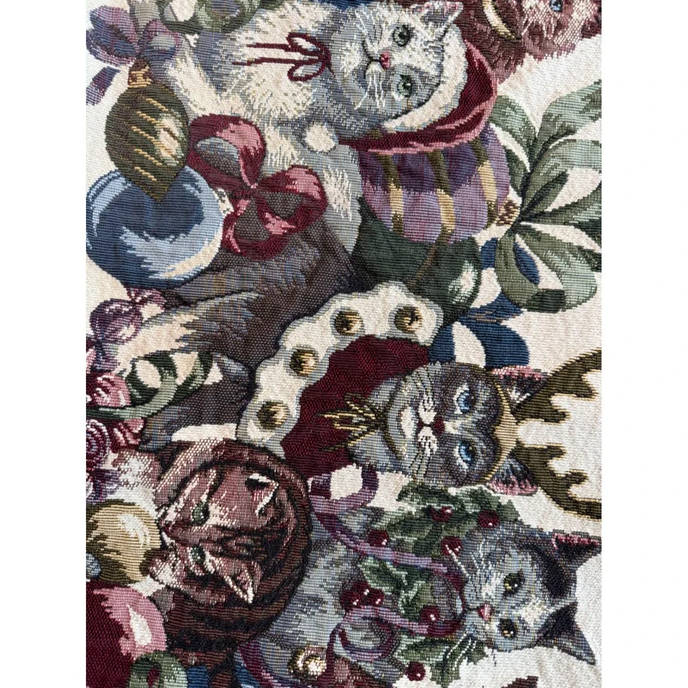 Vintage Christmas Cats Woven Tapestry Table Runner Holiday Decor 48 Inch